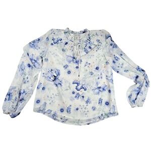Rachel Zoe XS Floral Blouse Sheer Long Balloon Sleeve Ruffle Neck Tie Top Nwot
